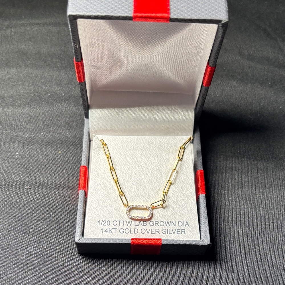 14KT Gold Over Silver Paperclip Chain Necklace with Pave Oval Pendant - Gold